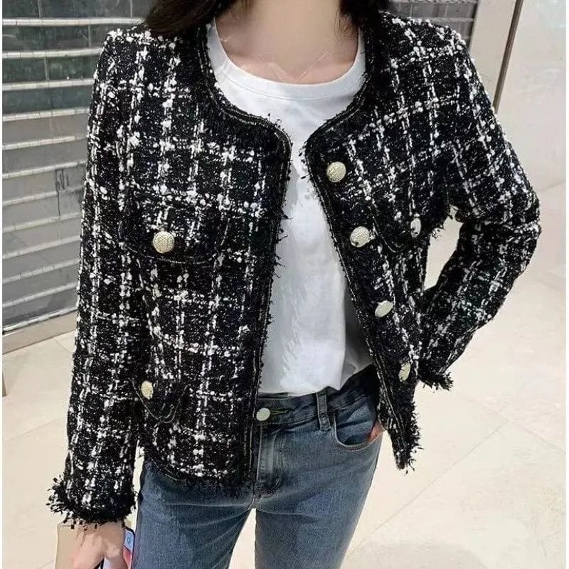 French Style Heavy Texture Woven Coat Fashionable Street Style Patchwork Top Slim Fit Wool Fabric Urban Commuting Women