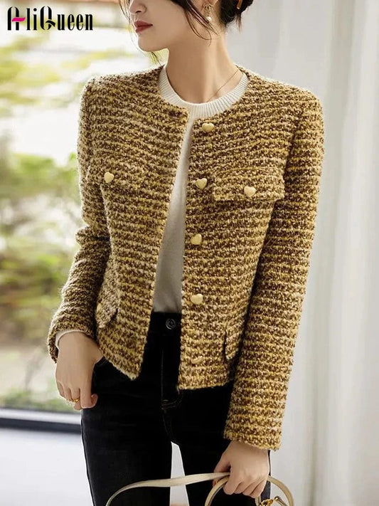 Women Gold Button Short Woolen Coat Fall Winter Korean Fashion Tweed Coat Elegant Retro Female OL Outwear Wool Blazers Jackets