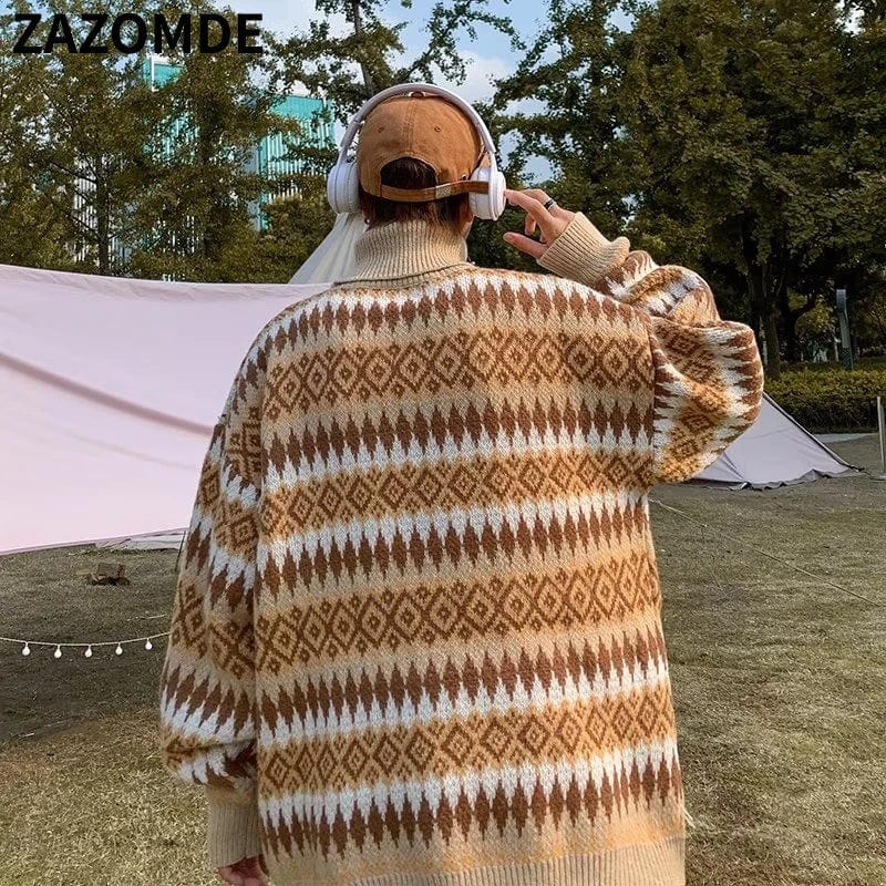 ZAZOMDE Winter Turtleneck Sweaters Men  Autumn Winter Tops Loose Man Chic Pullover Knitted Thick Stripe Sweater Warm Jumper Men