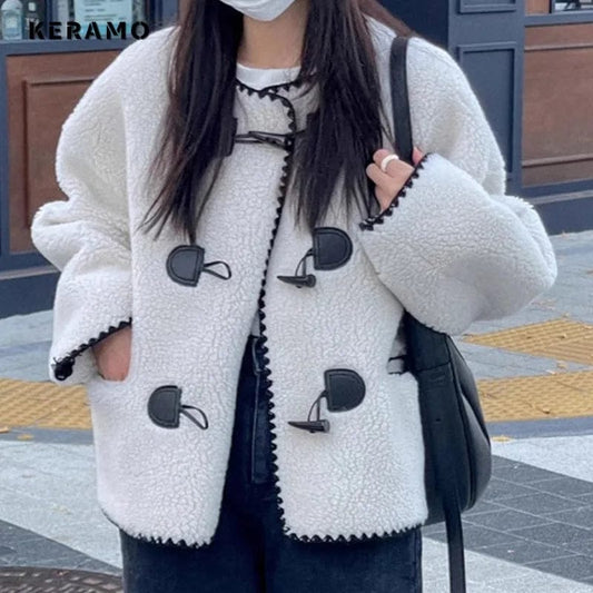 2023 Autumn Winter Korean Style Simple Lamb Wool Jacket Women Solid Loose Horn Buckle Coats Harajuku Casual Long Sleeve Coat Top