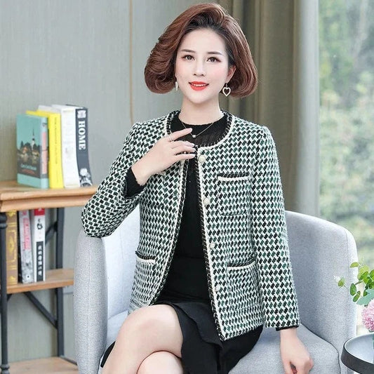 Elegant Slim Tweed Jacket Women Autumn single-breasted Short Wool blend Coat Office Lady Moms 5XL Outwear Ladies
