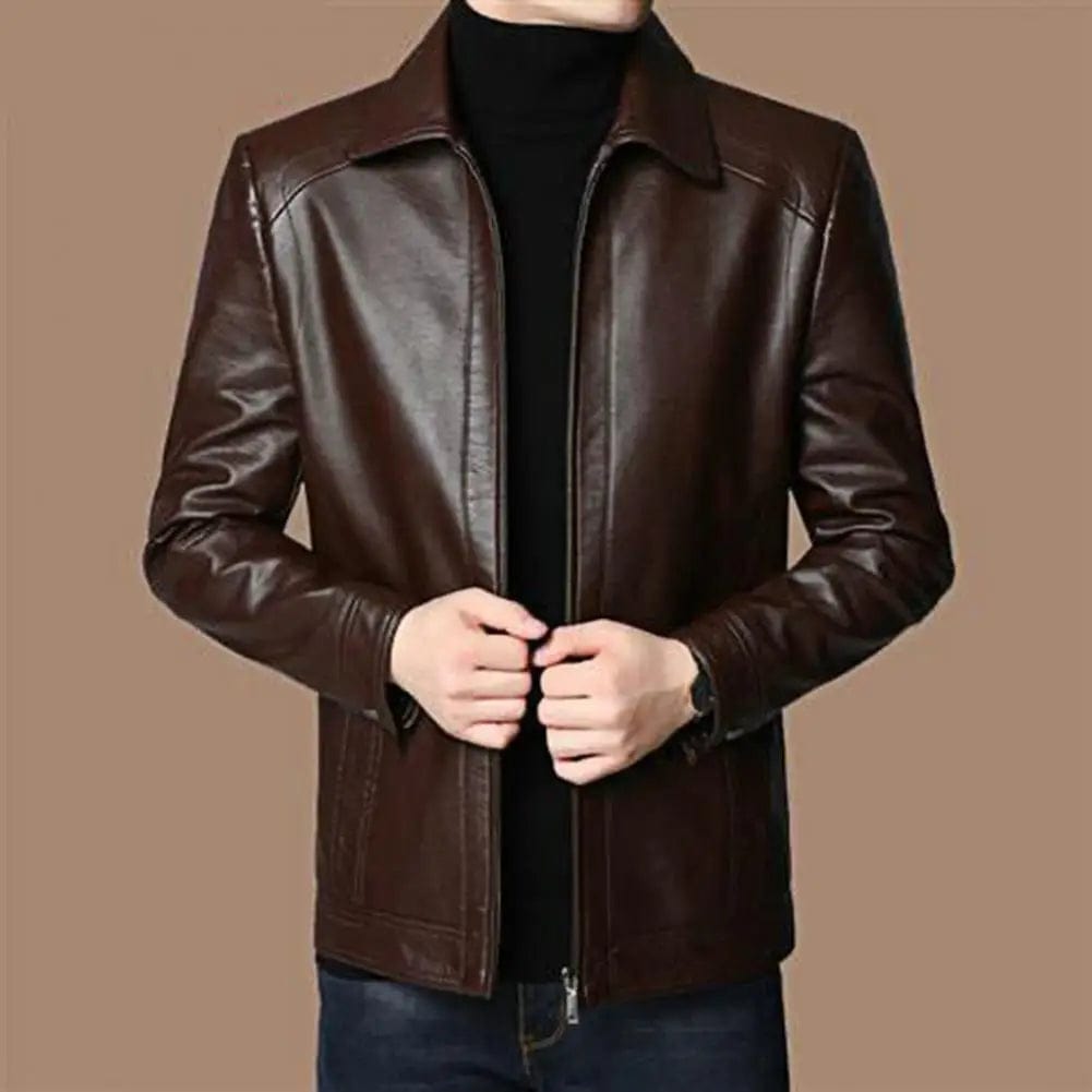 Men Faux Leather Jacket Men's Faux Leather Motorcycle Jacket with Stand Collar Thick Warm Lining Windproof Design for Autumn
