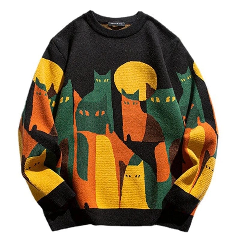 2023 Autumn Knitted Sweater Men Women Winter Harajuku Cartoon Full Cat Print Pullover Vintage Causal Loose Sweaters Streetwear