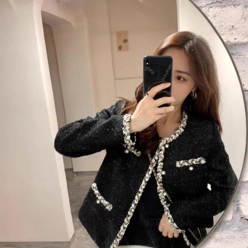 French Tweed Women's Jacket  Autumn Korean Woolen Short Outerwear Elegant Black Plaid Coat Pockets Office Short Woman Clothing