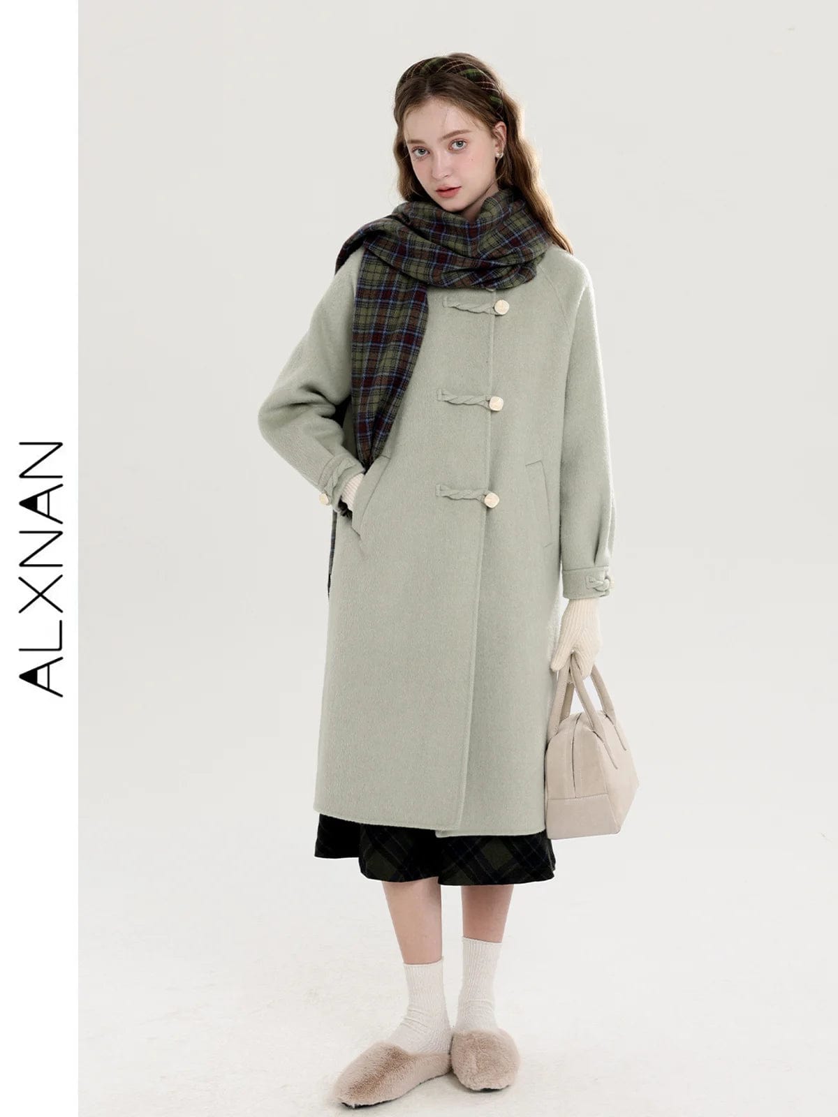 ALXNAN Autumn Winter Elegant Woolen Green Midi Tweed Coat For Women Fashion Warm Loose Single-breasted Lapel Female Coat T00919