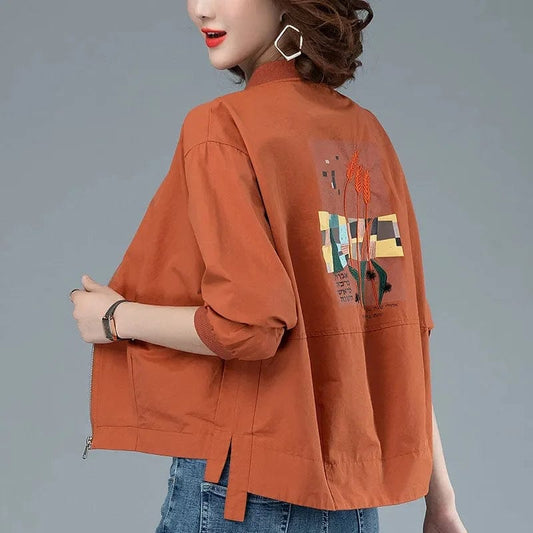 Women Jacket 2023 Spring Summer Long Sleeves Coat Female Short Printing Jacket Korean Loose Baseball Uniform Femme Zipper Top