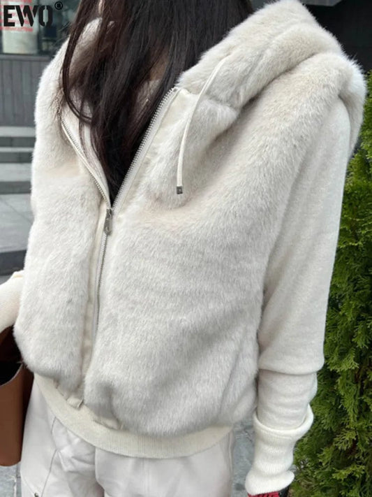 [EWQ] Korean Chic Casual Hooded Zipper Loose All-match Mink Fur Sleeveless Vest Jacket Tank Coat 2023 Autumn Winter New 16U6861