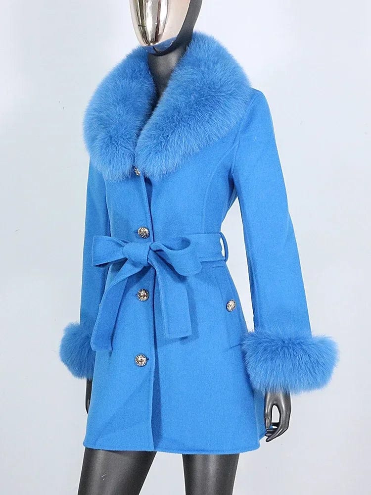 2024 New Real Fur Coat Winter Jacket Women Natural Fox Fur Collar Cuffs Belt Cashmere Wool Woolen Ladies Outerwear Streetwear