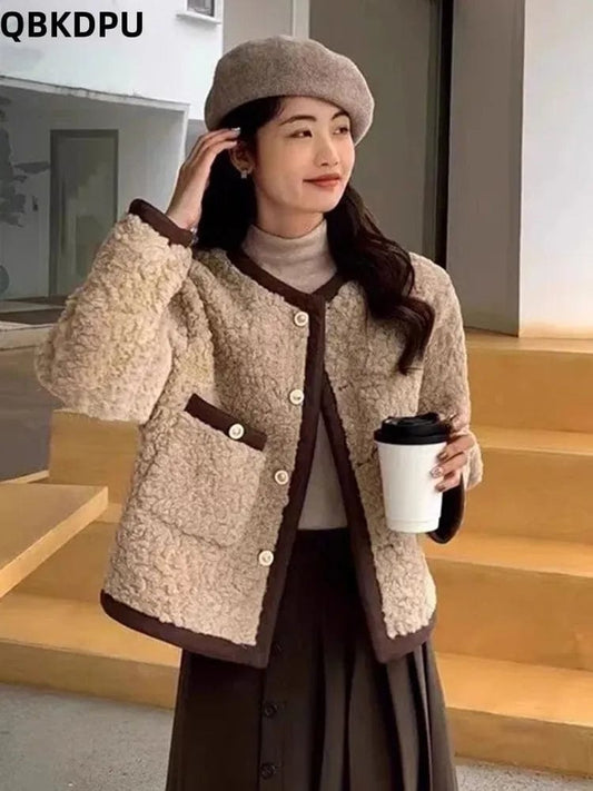 Fall Winter Warm Short Faux Wool Jackets Loose Women Thicken Lambswool Ceketler Korean O-neck Streetwear Chaquetas Casual Coats