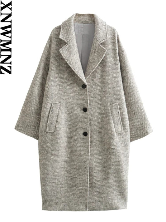 XNWMNZ 2024 Women's Fashion Herringbone Long Coat Women Retro Lapel Long Sleeve Pocket Front Button Versatile Female Overcoat