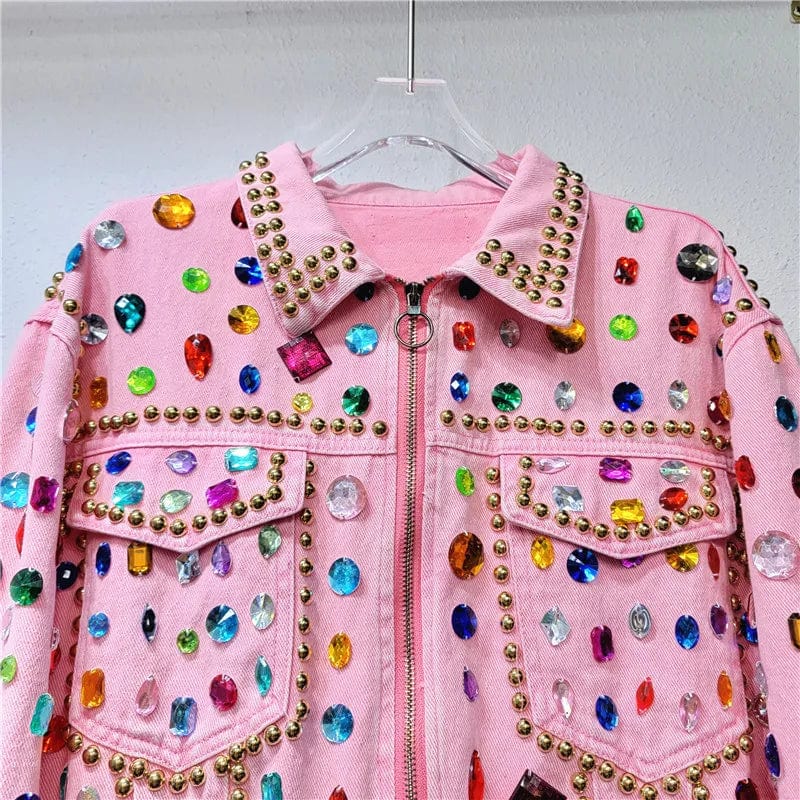 Women Rainbow Diamonds Beaded Pink Denim Coat Loose Rhinestones Jeans Jacket Long Sleeve Crystal Cowboy Cardigan Rivets Tops