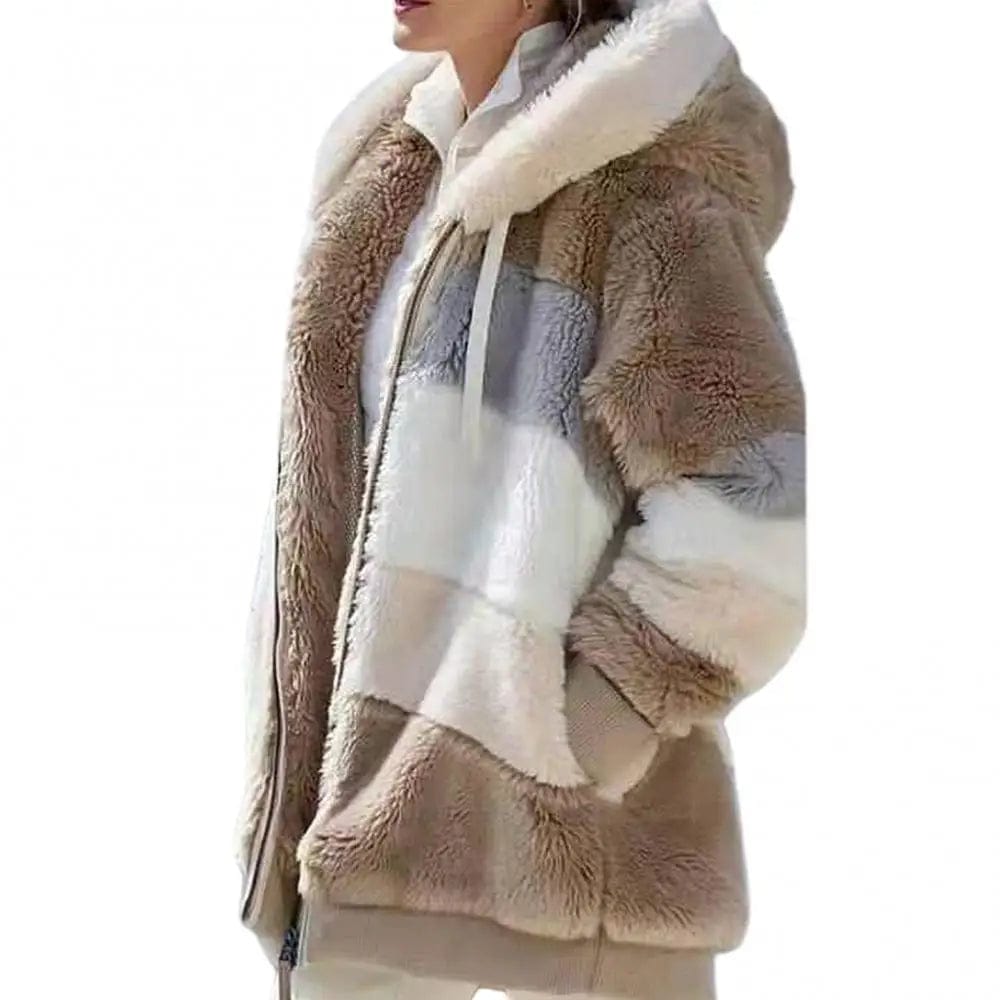 Women Coat Autumn Winter Long Sleeve Jacket Color Block Zipper Fluff Hooded Warm Coat Jacket