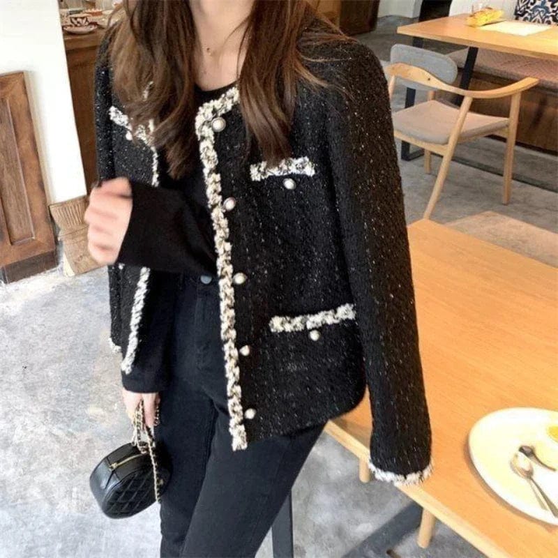 French Tweed Women's Jacket  Autumn Korean Woolen Short Outerwear Elegant Black Plaid Coat Pockets Office Short Woman Clothing