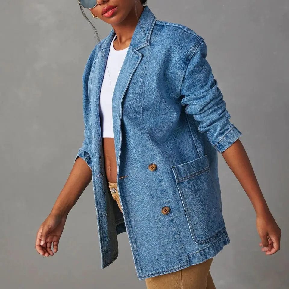 Vintage Blue Denim Jacket For Women Turn-down Collar Solid Color Jackets Coat Ladies Top 2023 Spring Autumn New