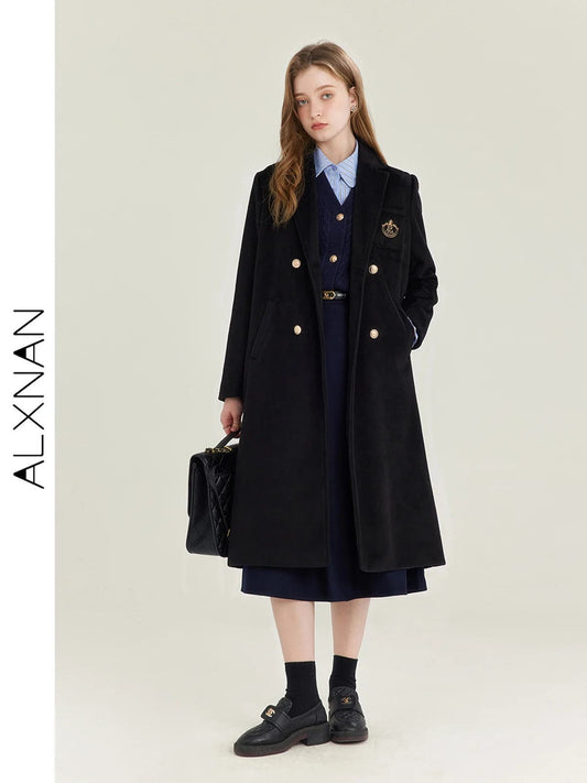 ALXNAN Elegant Single-sided Tweed Coat For Women 2024 Winter New Midi Thickened Quilted Black Suit Female Warm Long Coat T01026