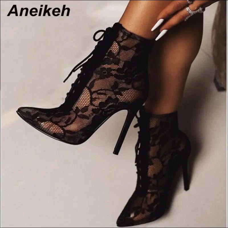 Aneikeh 2021 New Mature Mesh Women Boots Floral Lace-Up Thin