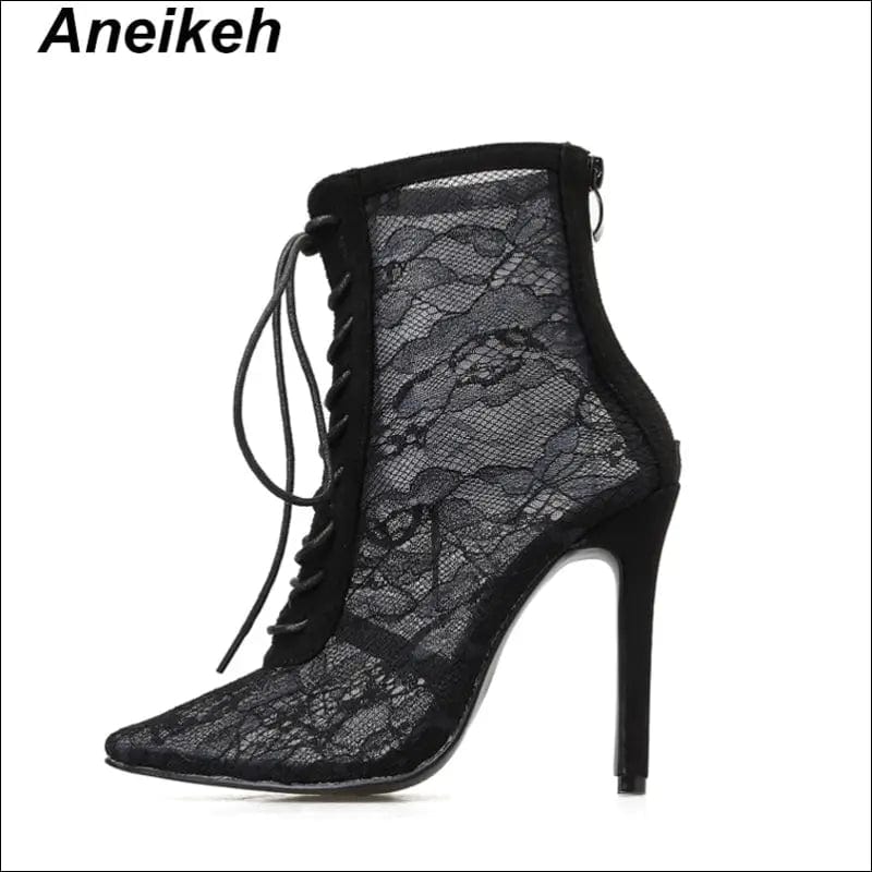 Aneikeh 2021 New Mature Mesh Women Boots Floral Lace-Up Thin