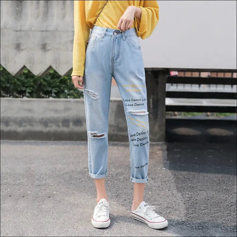 Breaking cave jeans female new 2021 autumn letter print
