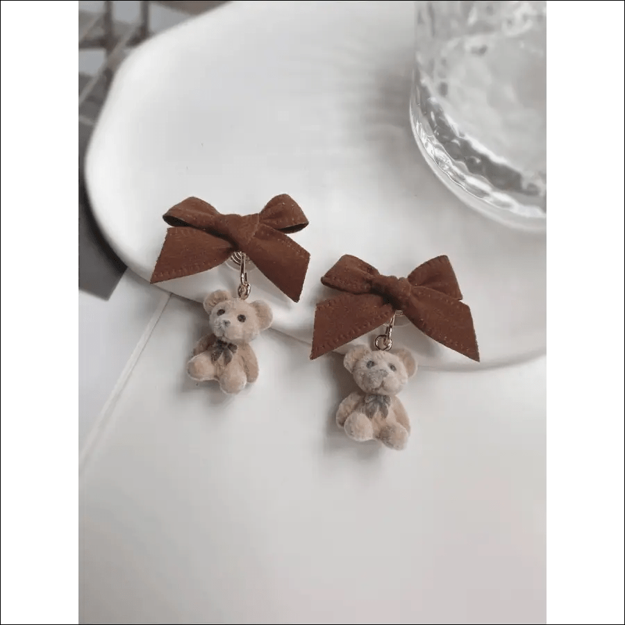Brown Bow and Bear Clip On Earrings - 64362675-default-title