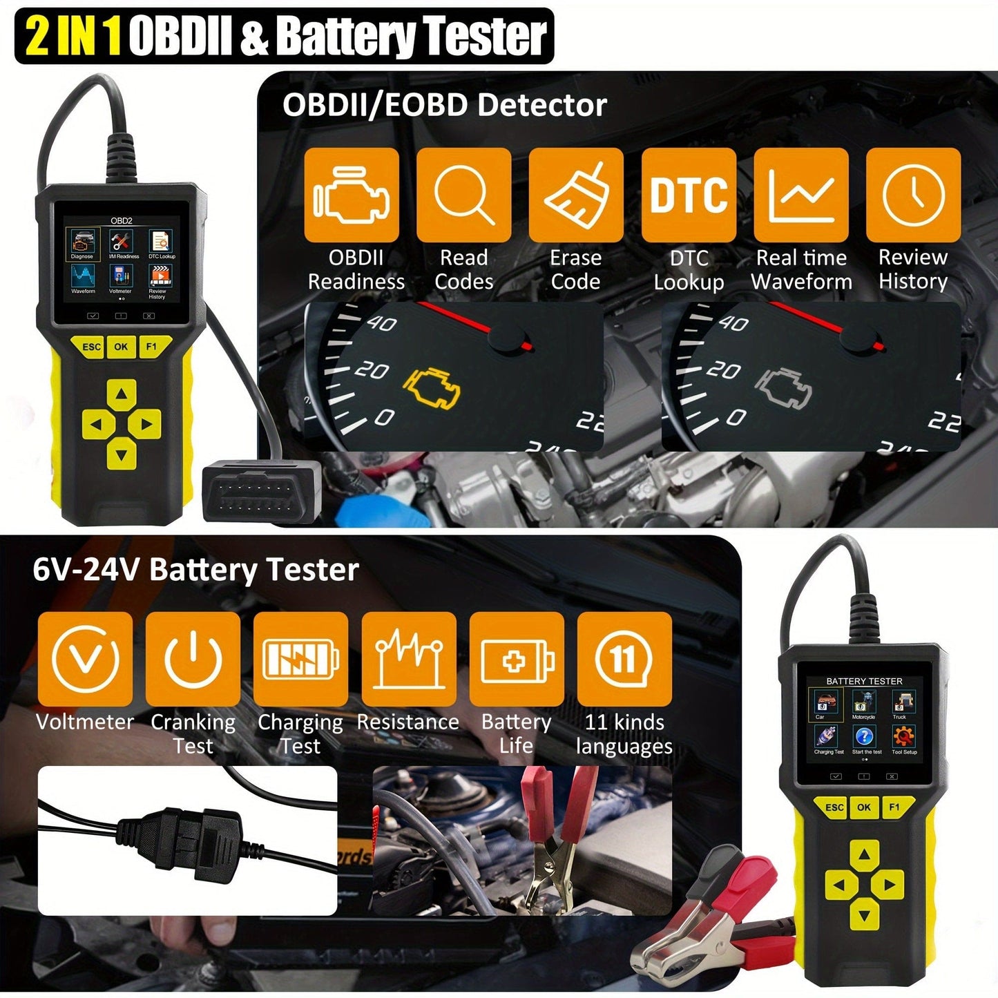2 In 1 OBD2 Scanner Battery Tester Check Engine Code Reader 6V 12V 24V Battery Life Resistance Cranking Charging Test With Live Data Stream Scan Tool