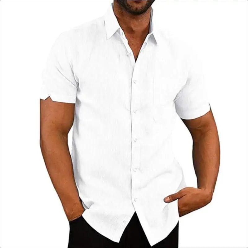 Cotton Linen Blouse Summer Men Turn Down Collar Short Sleeve