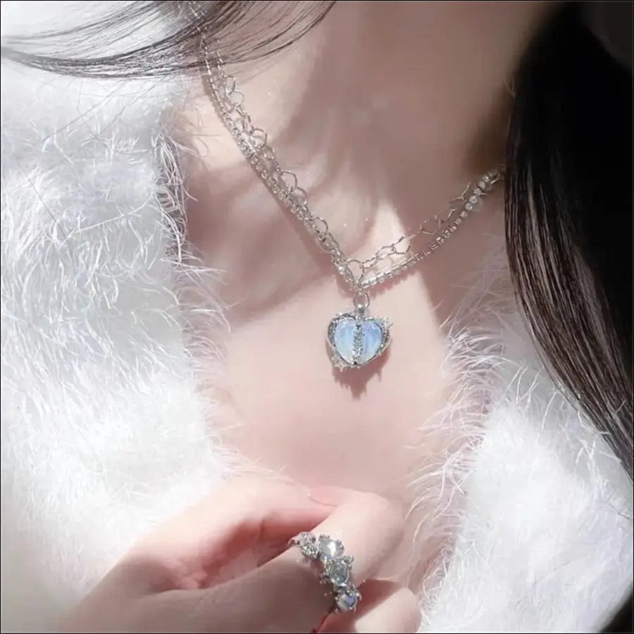 Crystal Silver Heart Pendant Necklace - blue - 63294734-blue