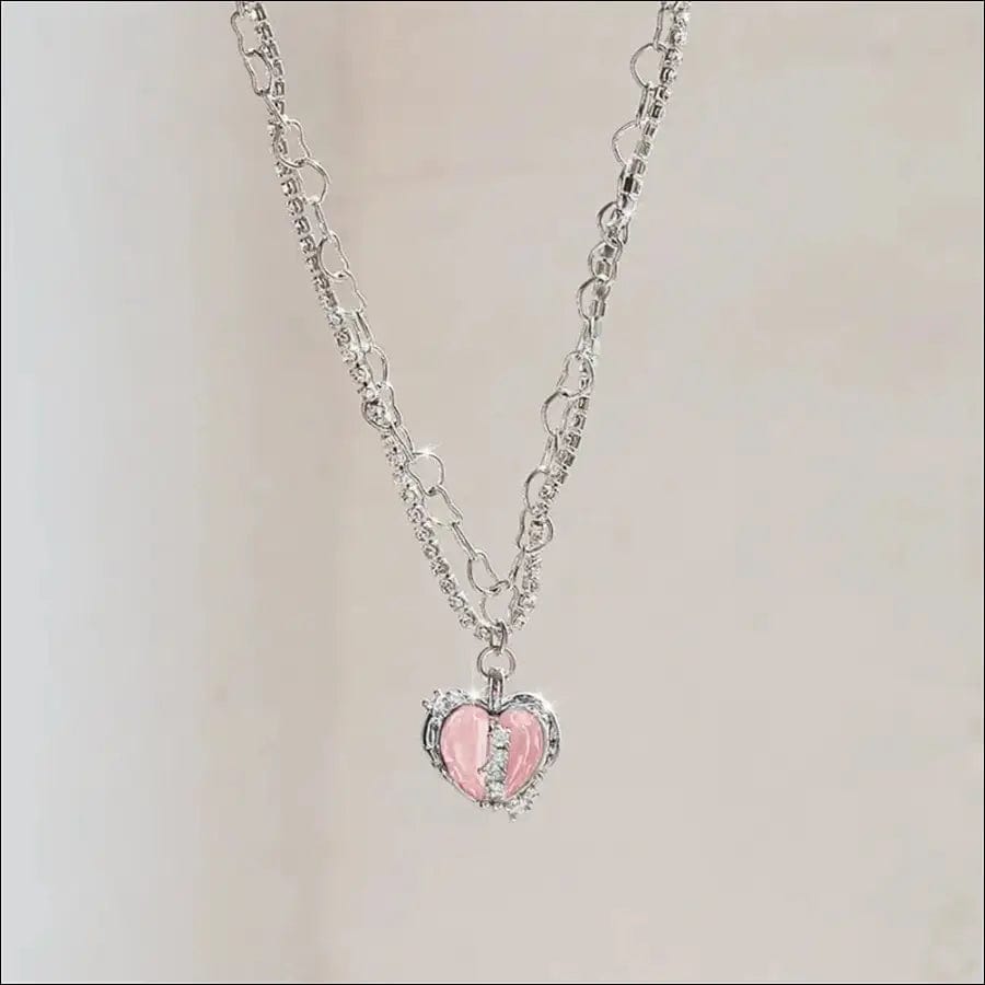 Crystal Silver Heart Pendant Necklace - pink - 63294734-pink