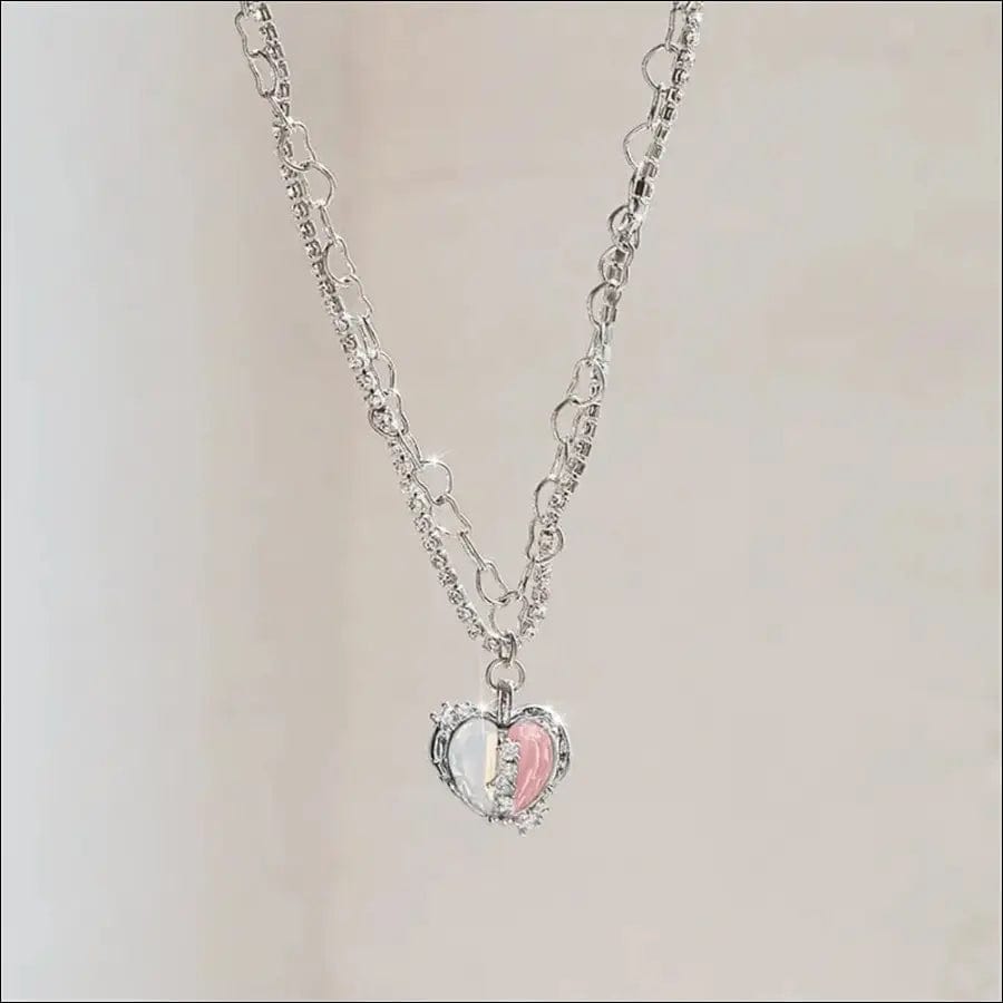 Crystal Silver Heart Pendant Necklace - pink and white -
