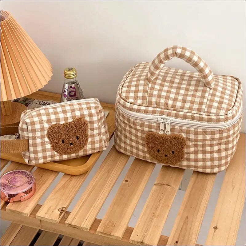 Cute Bear Khaki Makeup Bag Large Capacity Portable Cosmetic