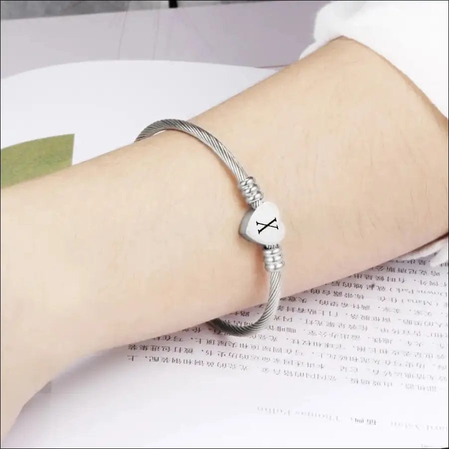 Fashion Heart Charm Bangle With Initial Alphabet Letter