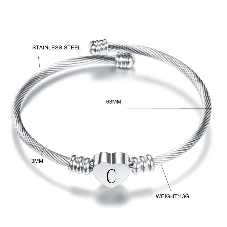 Fashion Heart Charm Bangle With Initial Alphabet Letter