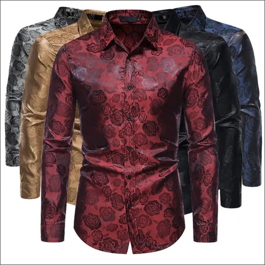 Fashion New Men’s Long Sleeve Button Shirt personality Rose