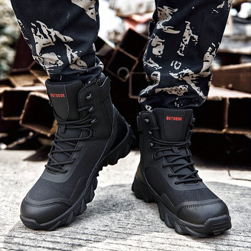 Men's Trendy High Top Military Style Hiking Boots, Comfy Non Slip Durable Lace Up Shoes For Men's Outdoor Activities