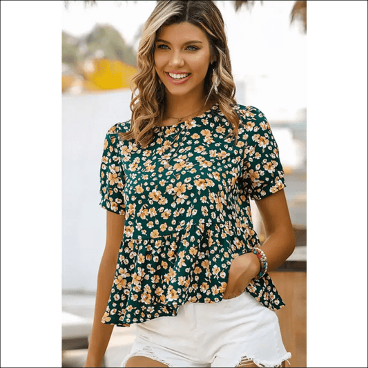 Floral Round Neck Short Sleeve Babydoll Top -