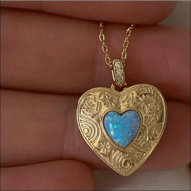 Golden Heart Locket Necklace - blue - 63948757-blue BROKER