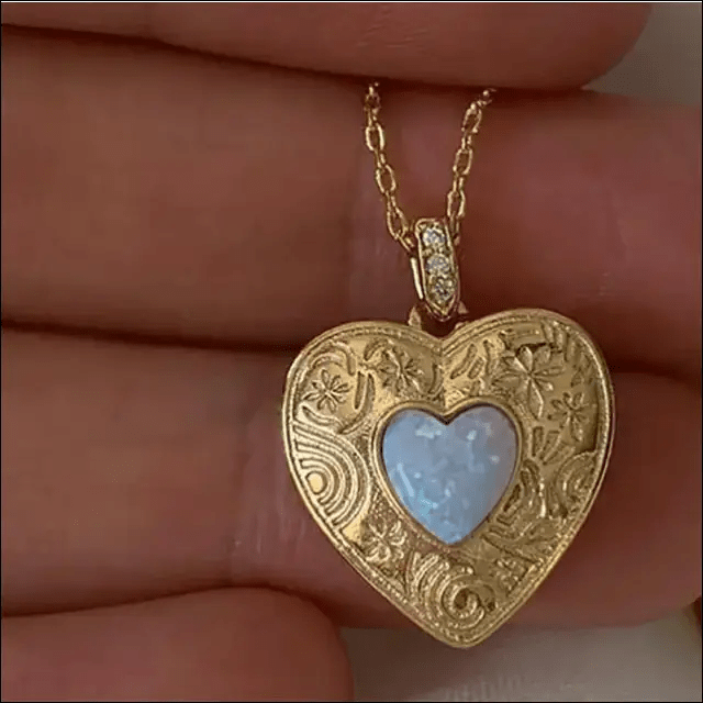 Golden Heart Locket Necklace - light blue -