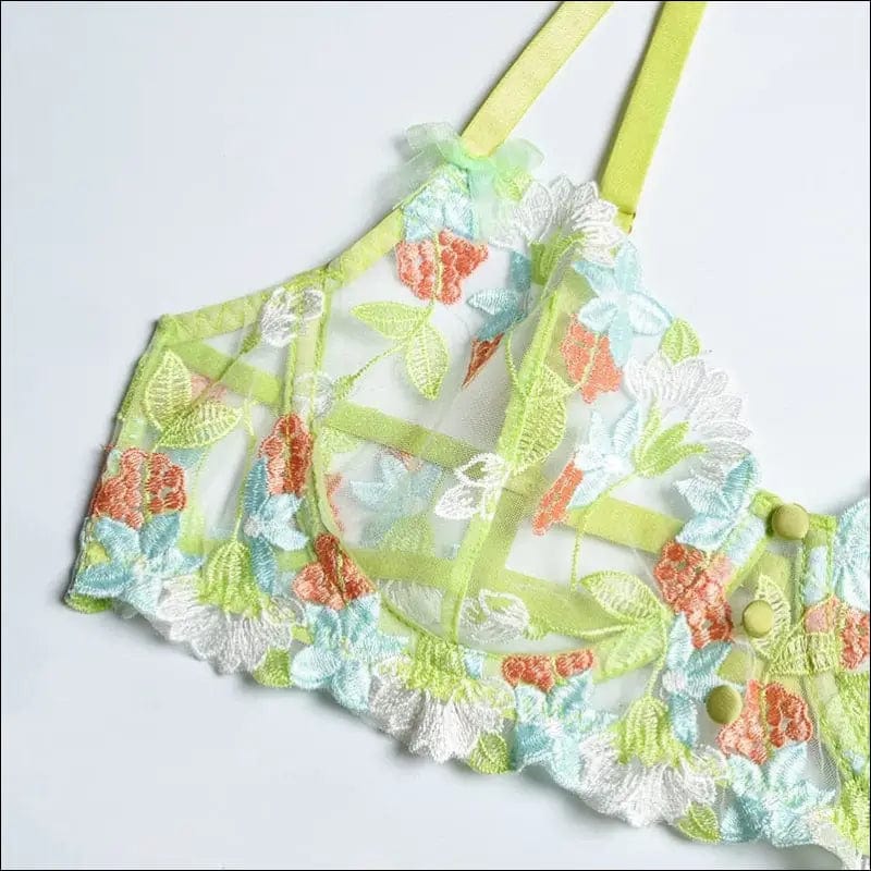 Green Floral Embroidery Bra Panty Garter Lingerie Set -