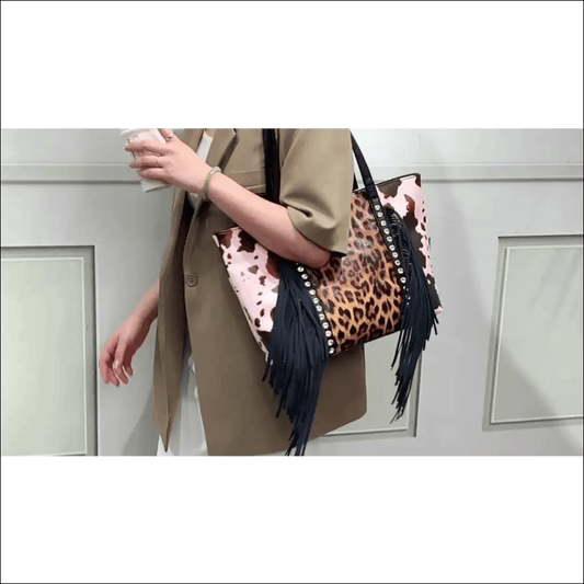 Large capacity rivet drill tassel bag leopard print with cow