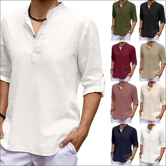 Men Cotton Linen Blouse Tops Summer Turn Down Collar Half