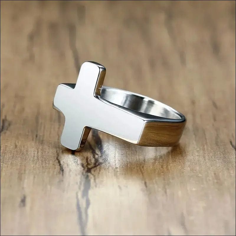 Men Cross Shaped Ring in Stainless Steel with Silverly Black