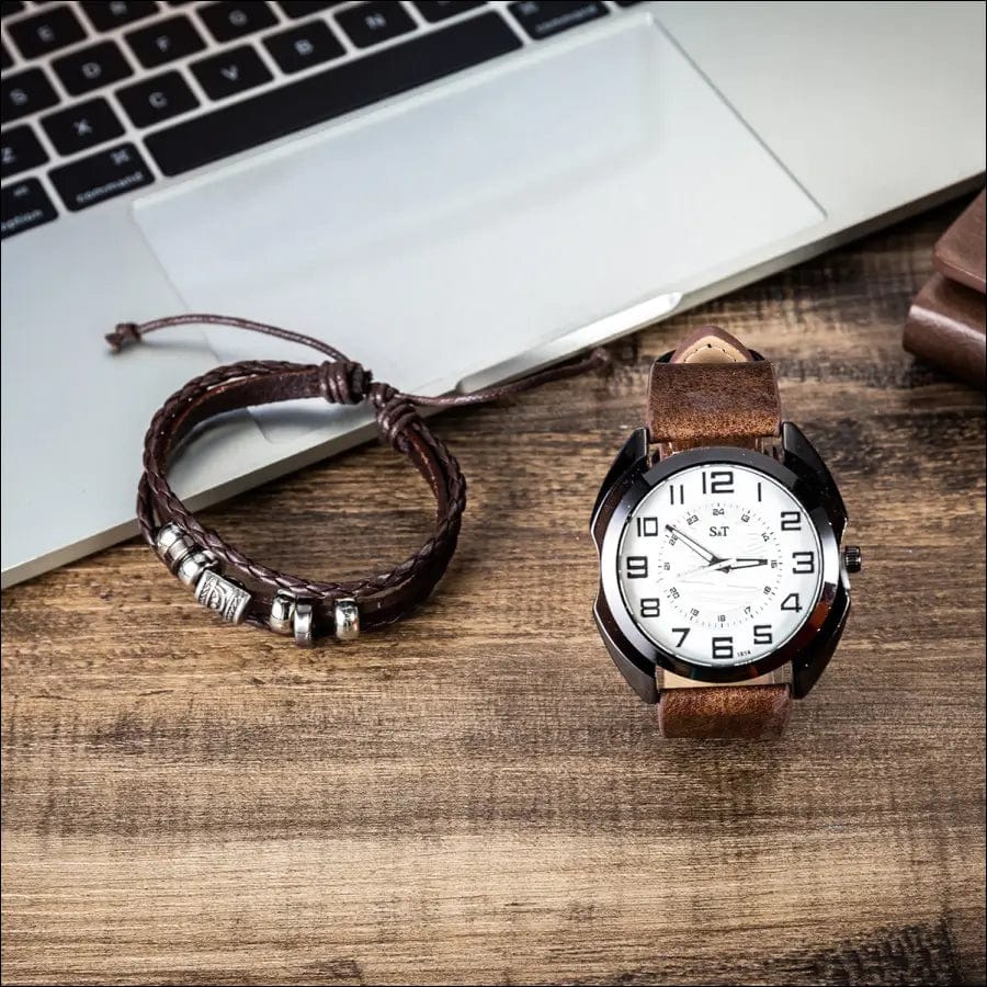 Men’s fashion simple belt quartz watch bracelet set -2PCS