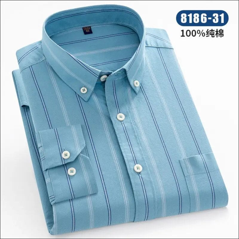 Men’s Long Sleeve Oxford Plaid Striped Casual Shirt Front