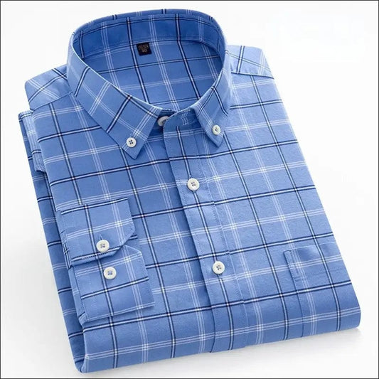 Men’s Long Sleeve Oxford Plaid Striped Casual Shirt Front