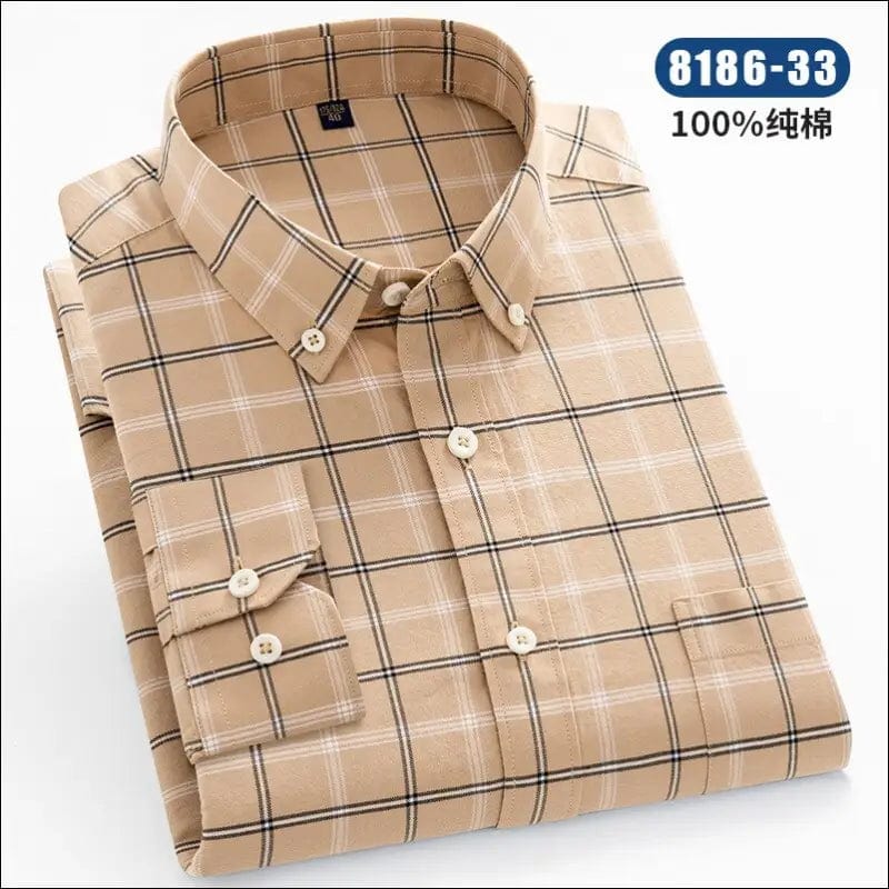 Men’s Long Sleeve Oxford Plaid Striped Casual Shirt Front