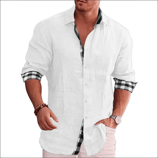 Men’s Plaid Trim Long Sleeve Button Up Shirt -