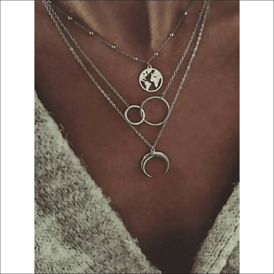 Moon Map Bohemian Multilayer Necklace - Silver / One Size -