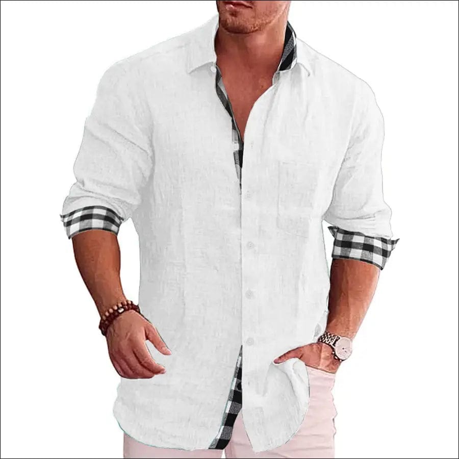 New Men’s Cotton Linen Shirts Loose Casual Blouse Grid Long