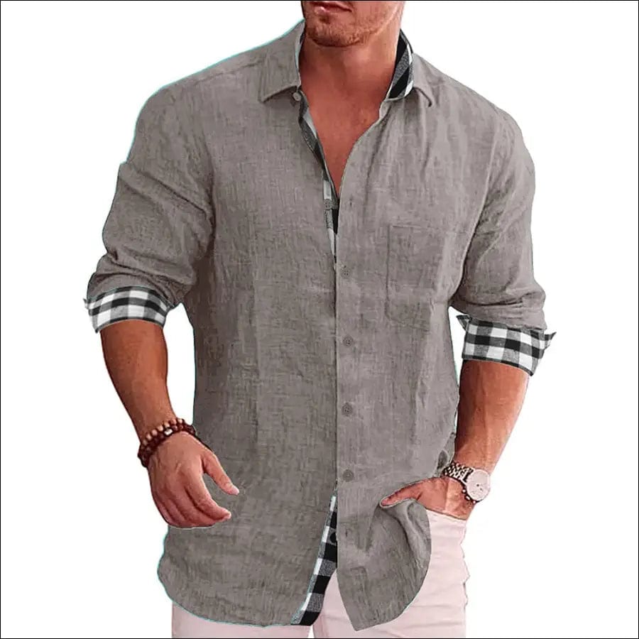 New Men’s Cotton Linen Shirts Loose Casual Blouse Grid Long