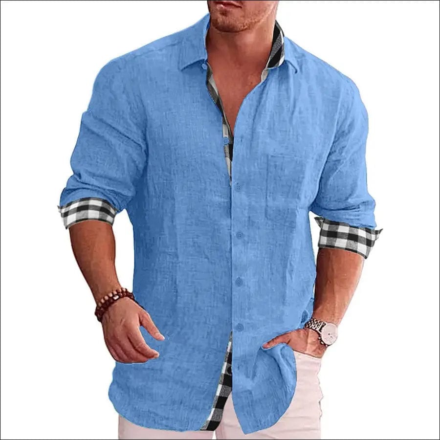 New Men’s Cotton Linen Shirts Loose Casual Blouse Grid Long