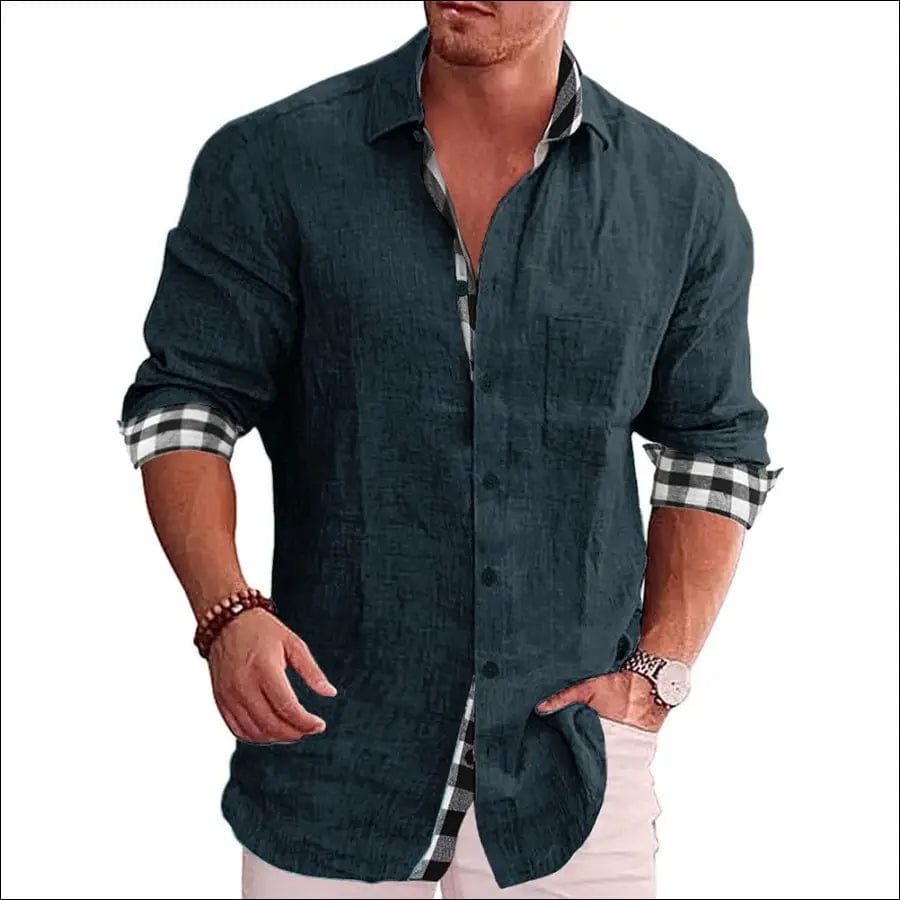 New Men’s Cotton Linen Shirts Loose Casual Blouse Grid Long